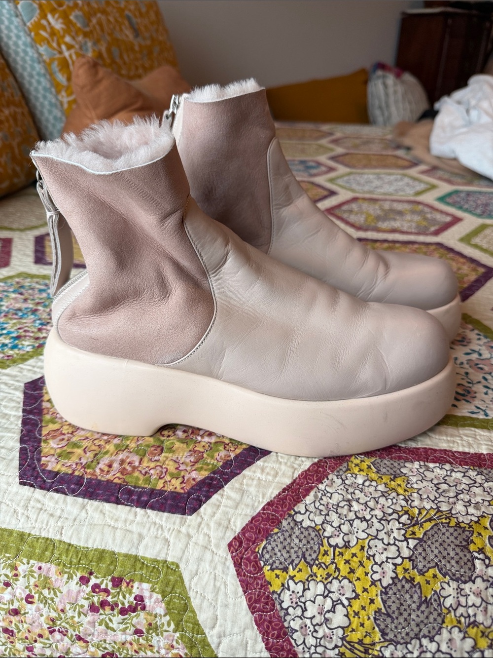 Agl Blush Pink Shearling-Lined Platform Ankle Boots